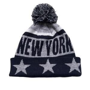 New York Knit Beanie Stars & Stripes Pom Blue Gray Muka Brand One Size